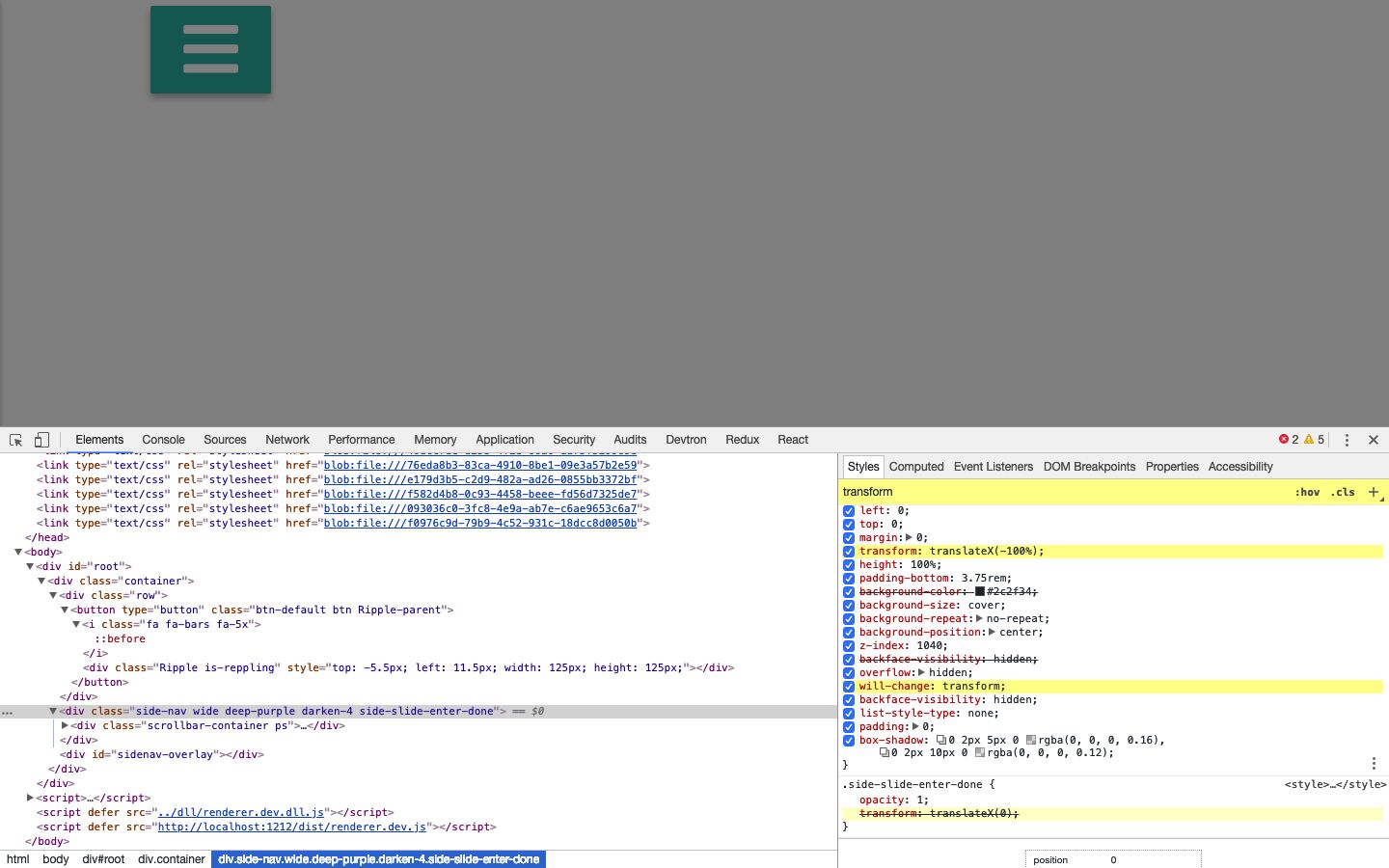 In this screenshot you can see, it is canceling out the 'transform' property