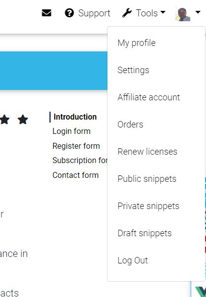 user profile dropdown