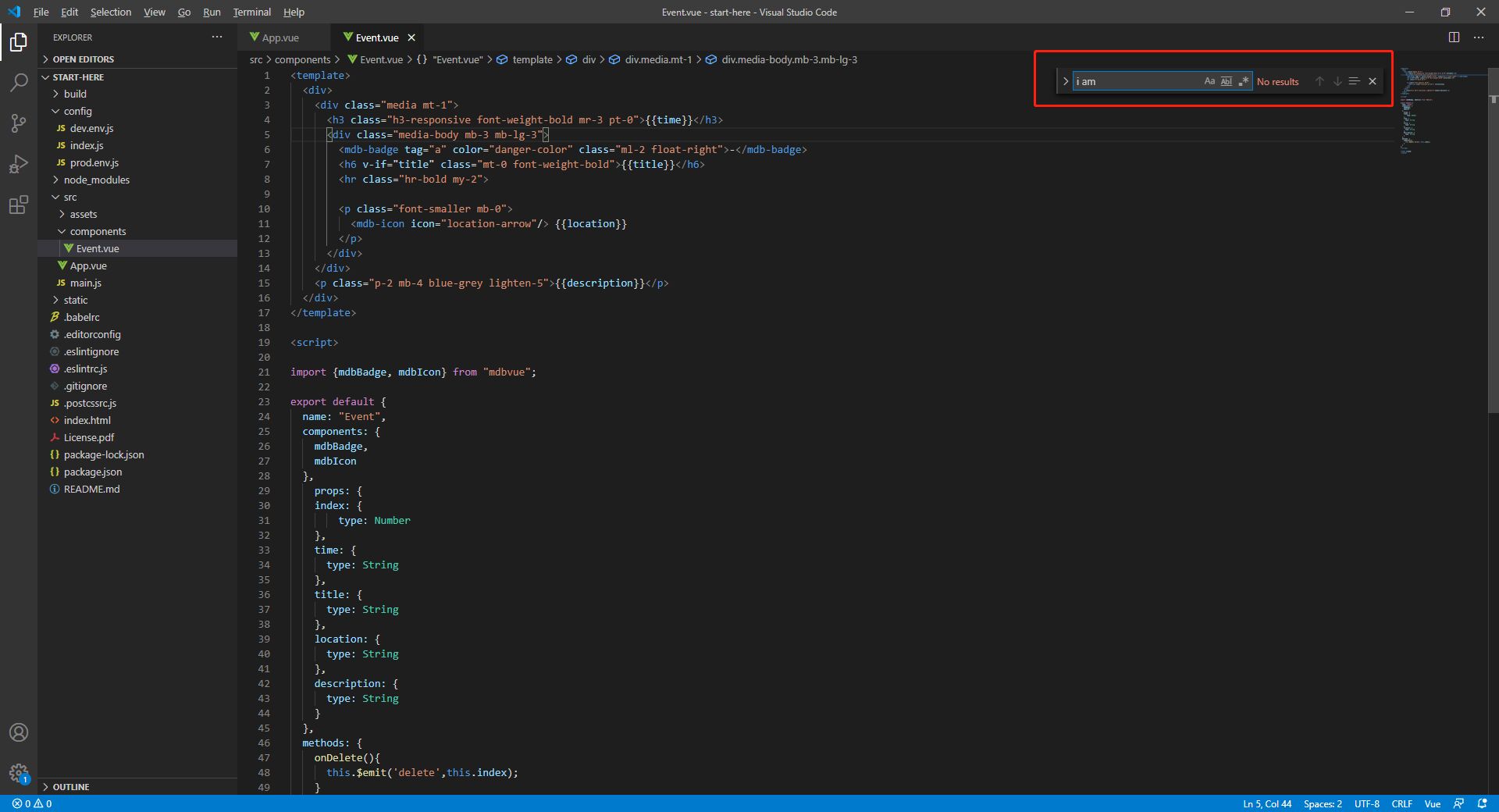 the Event.vue code
