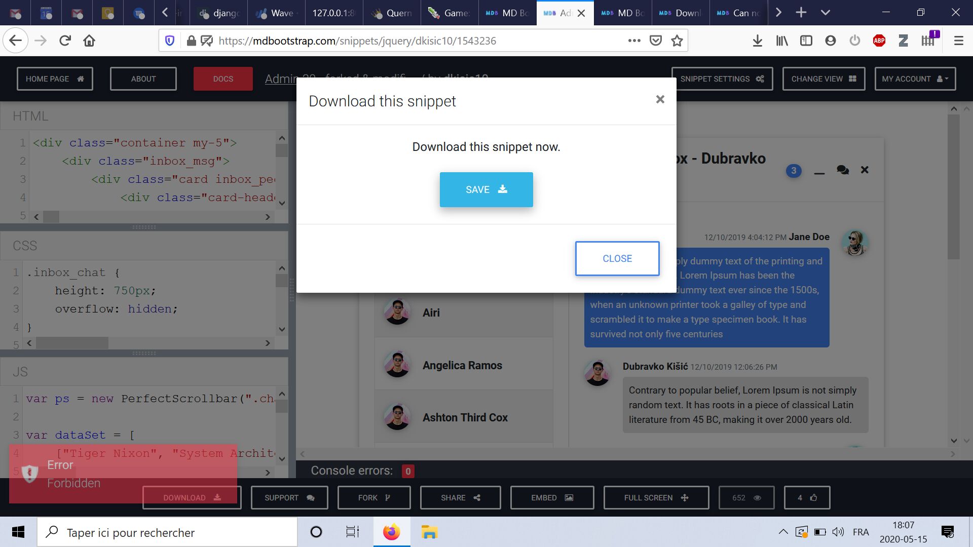 Screenshot of snippet download not working
