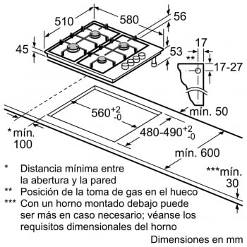 Placa de Gas Natural Bosch PGC6B5B90 Inoxidable de 60 cm con 3 Quemadores de Gas | Serie 4 - 4
