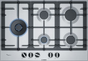 Placa de Gas Natural Bosch PCS7A5B90 Inoxidable de 75 cm con 4 Quemadores de Gas FlameSelect a 9 niveles + 1 Quemador Wok | Serie 6