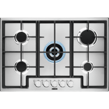 Placa de Gas Zanussi ZGH76524XS Inox de 75 cm con 5 quemadores (1 Wok) Termopar Parrillas de hierro fundido
