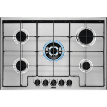 Placa de Gas Zanussi ZGH75524XA Inox de 75 cm con 5 quemadores (1 Wok) Termopar Parrillas esmaltadas