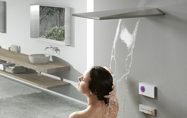 shower heads with one or two water outlets and a waterfall effect