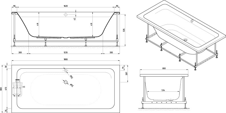 Rectangular No Hidro 180x80. Sin faldón