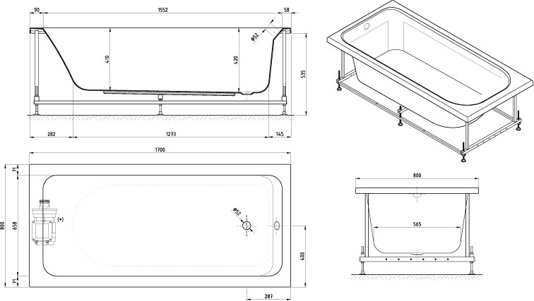 Rectangulaire Non Hydro 170x80. Sans tablier