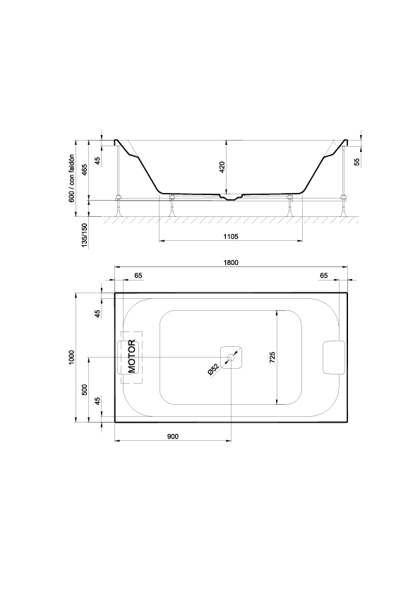 Rectangulaire Non Hydro 180x100. Tablier noir 