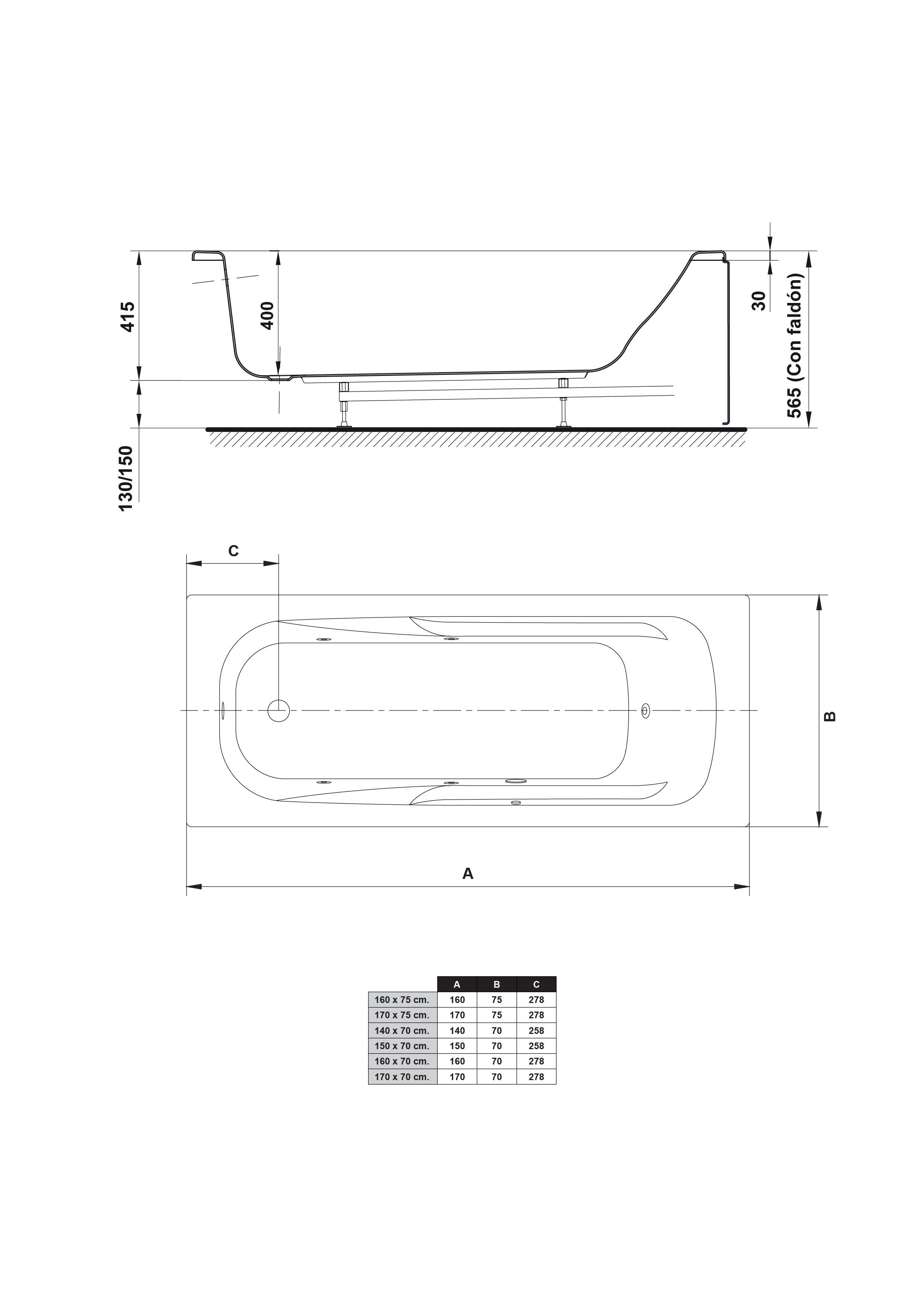Rectangular No Hidro 160x70