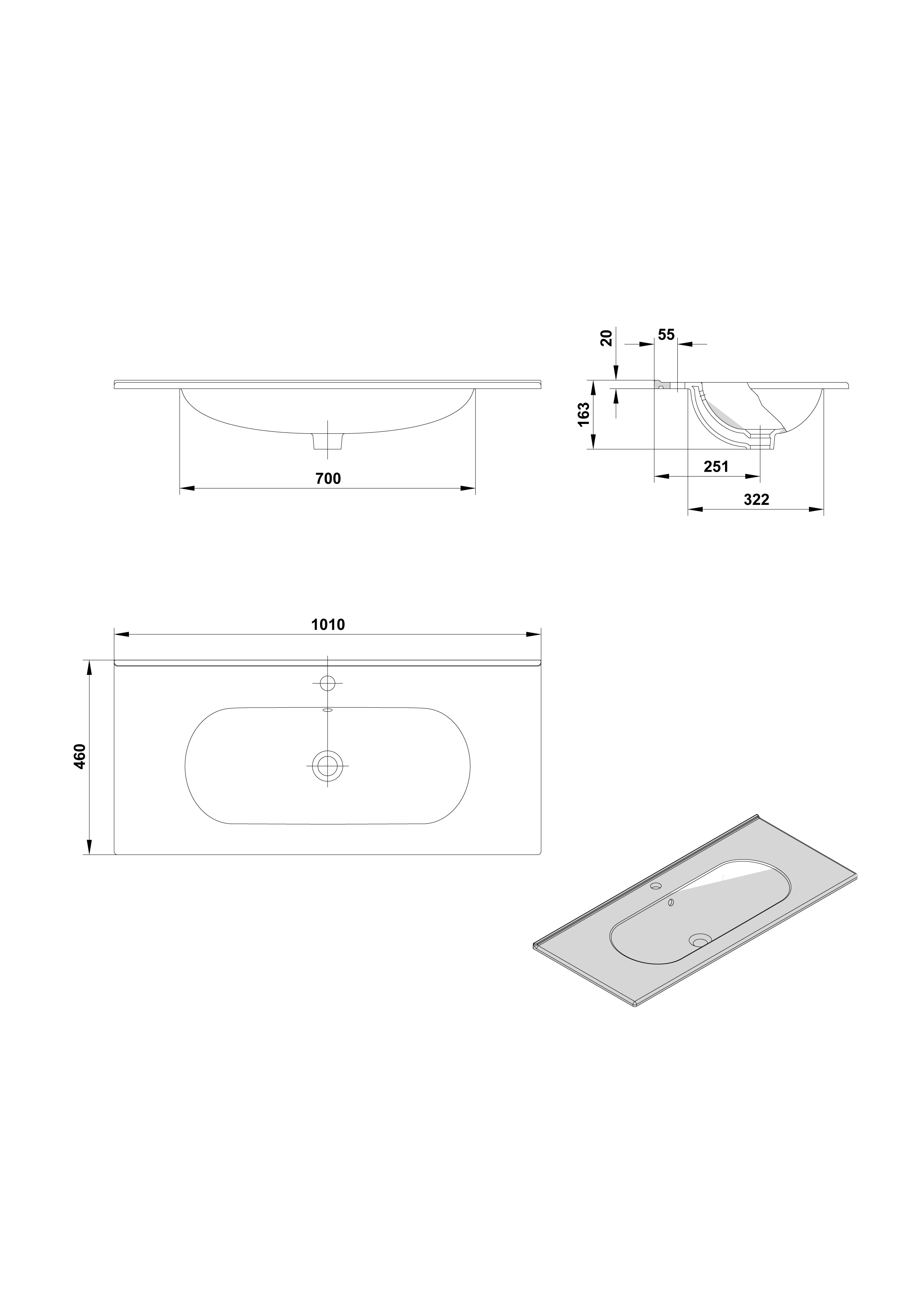Lavabo à poser sur meuble 101 x 46 x 1.5 cm. avec trop-plein