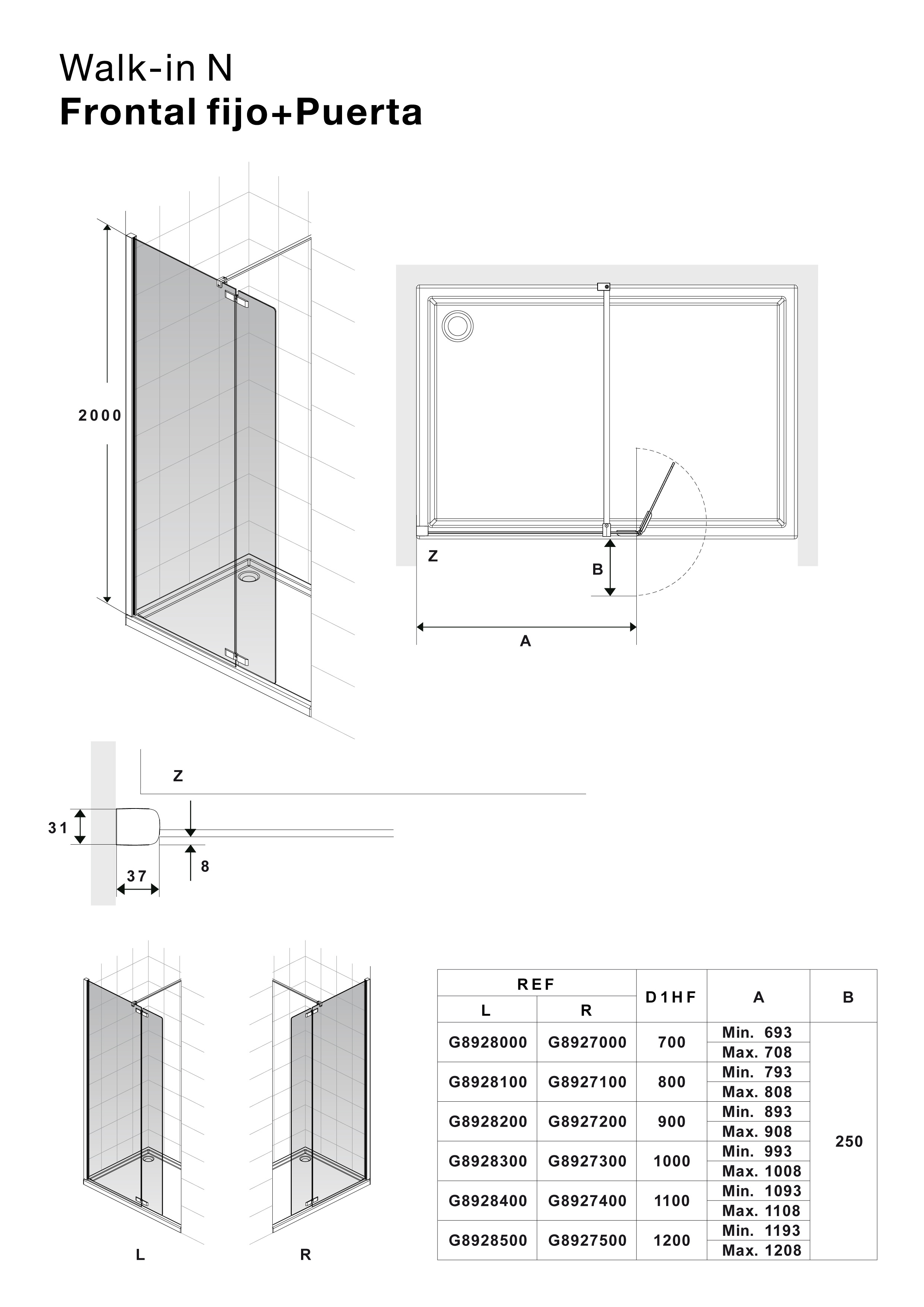 Frontal fijo de 120 cm. + puerta abatible 180° de 25 cm. (mano derecha)