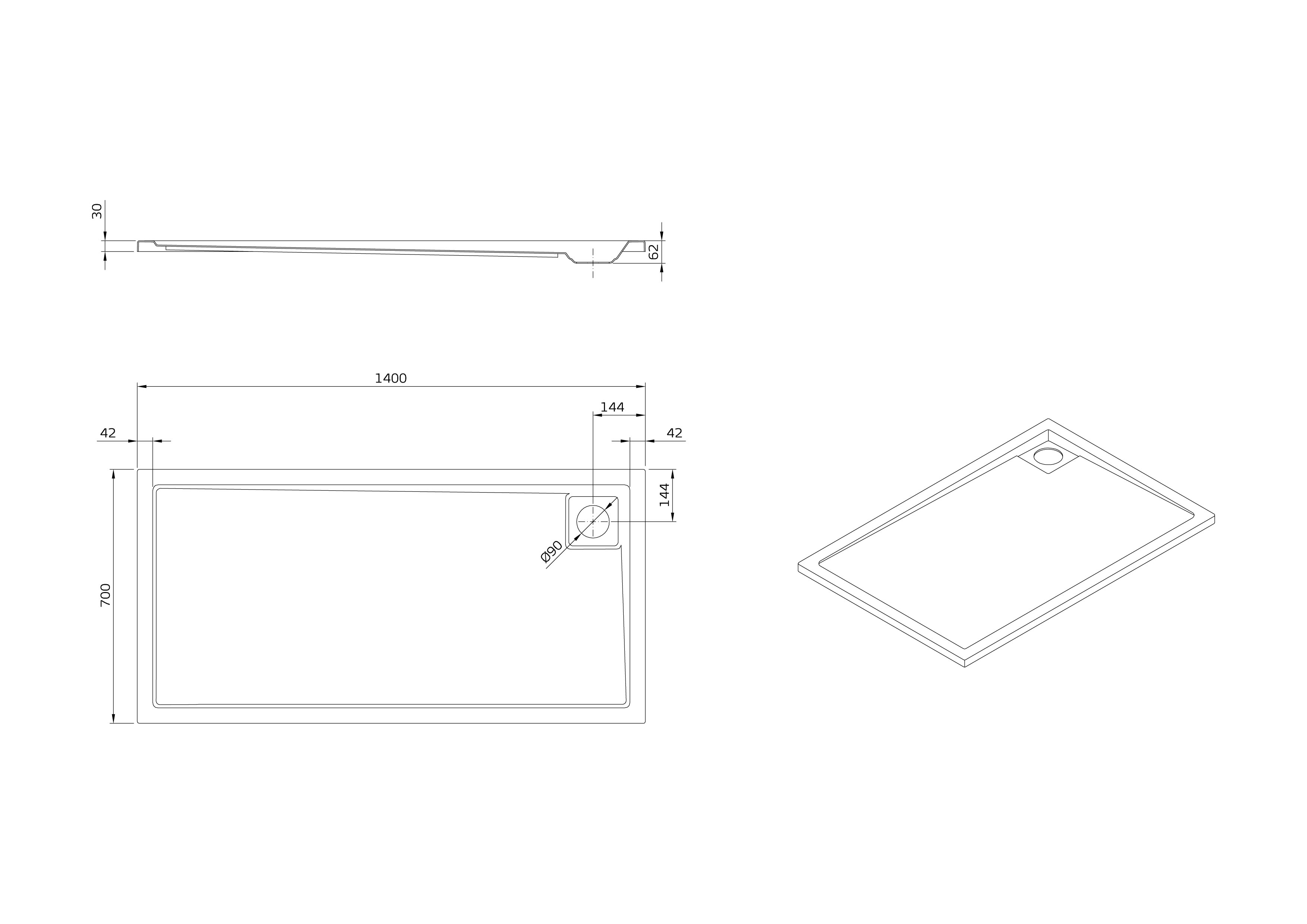 Receveur de Douche rectangulaire. Extraplat. 140x70
