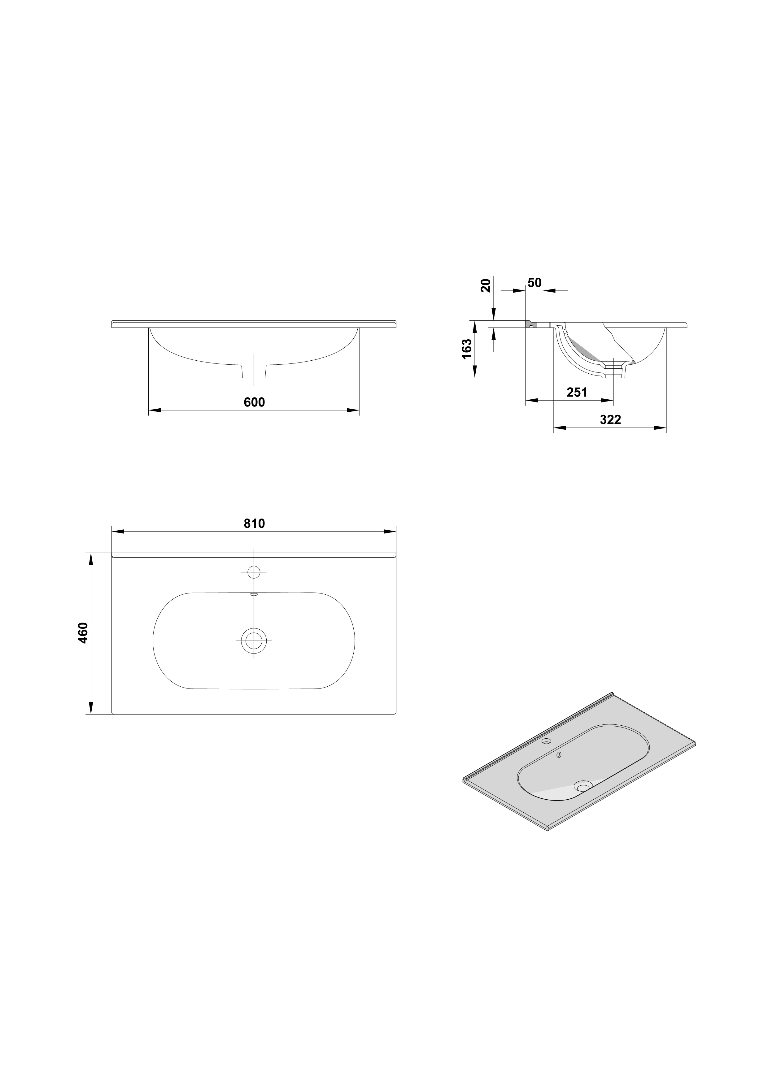 Lavabo à poser sur meuble 81 x 46 x 1.5 cm. avec trop-plein