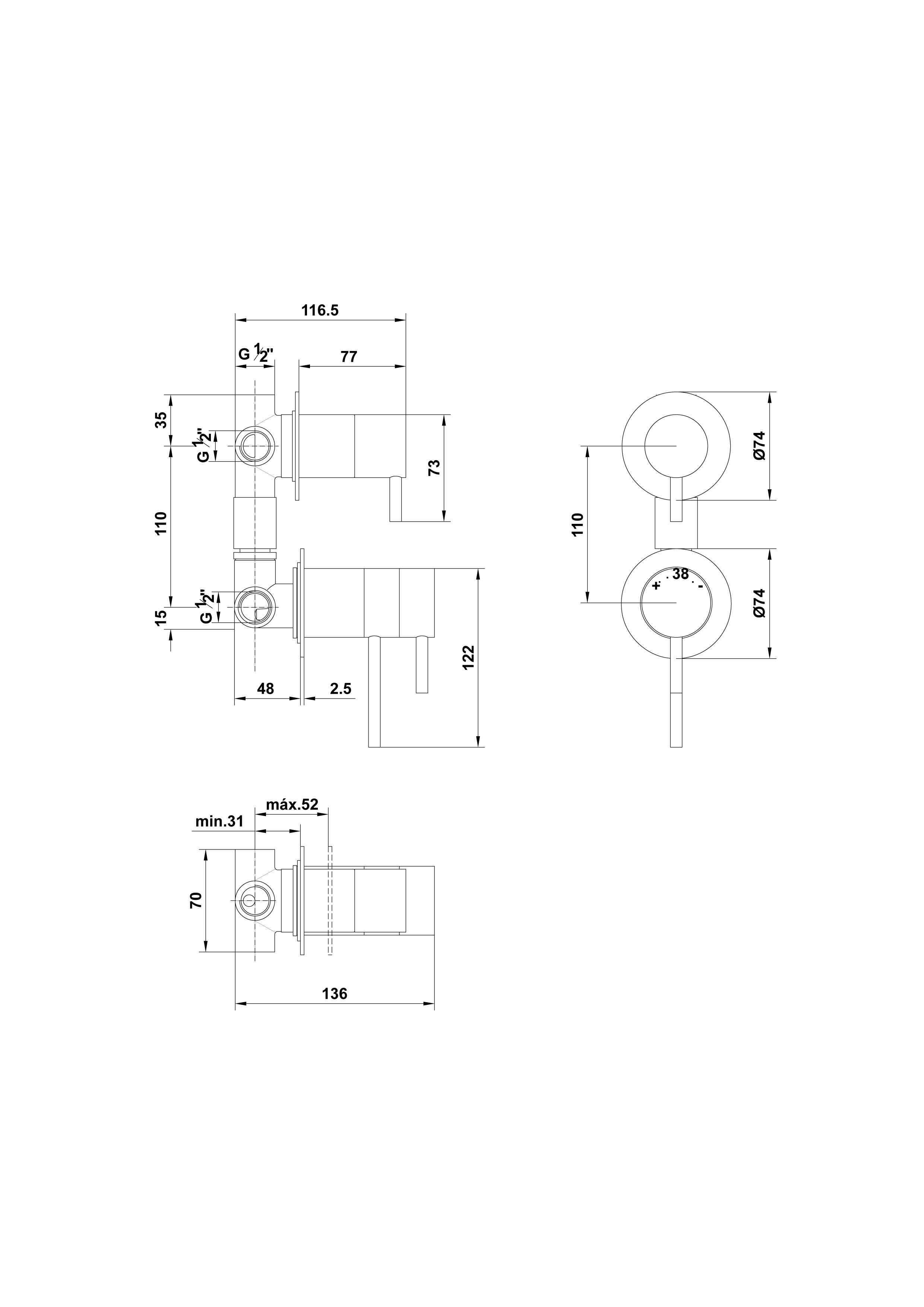 Thermostatique encastré pour bain-douche (3 sorties)