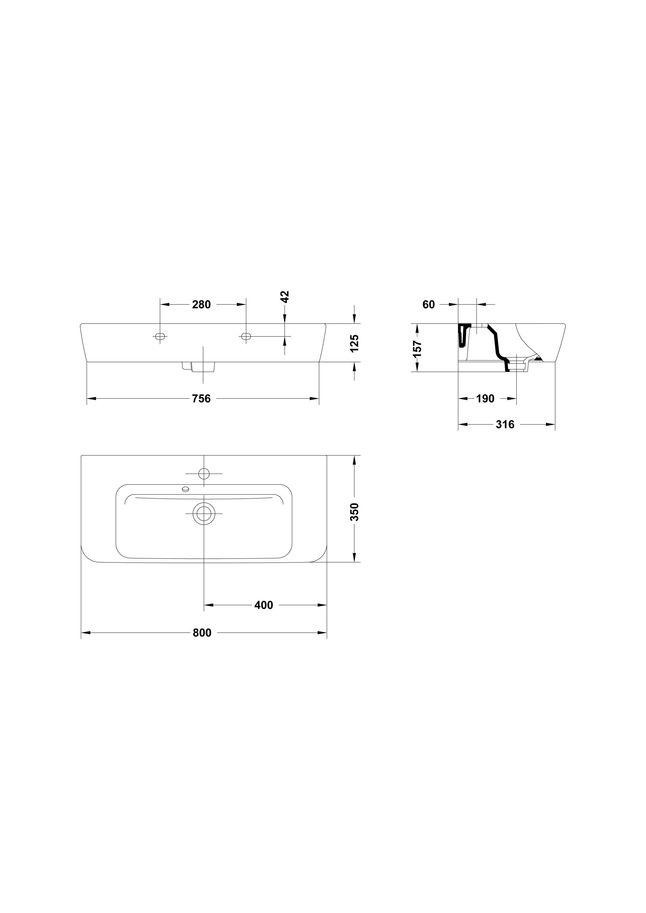 Lavabo compact, cubeta centrada 80x35 cm.