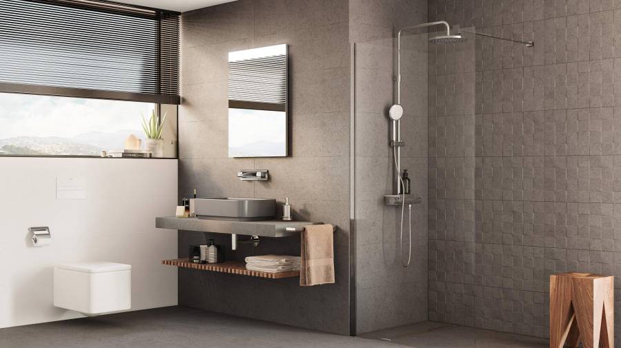 Baño con azulejos Masai Grafito en tonos oscuros